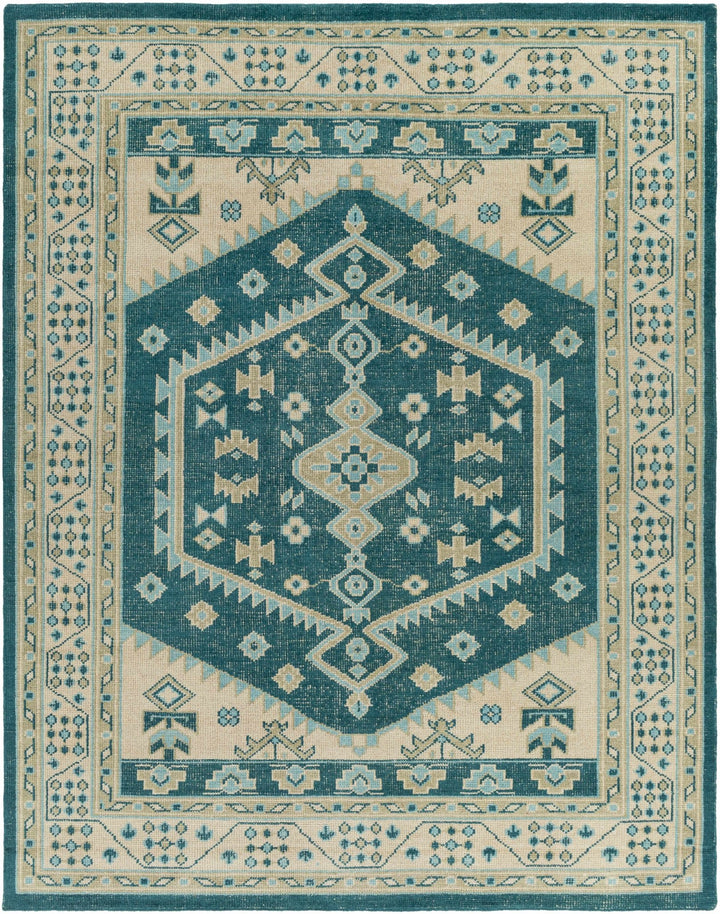 Stepps Traditional Style Beige And Teal Hand Knotted Area Rug - The Rug Decor