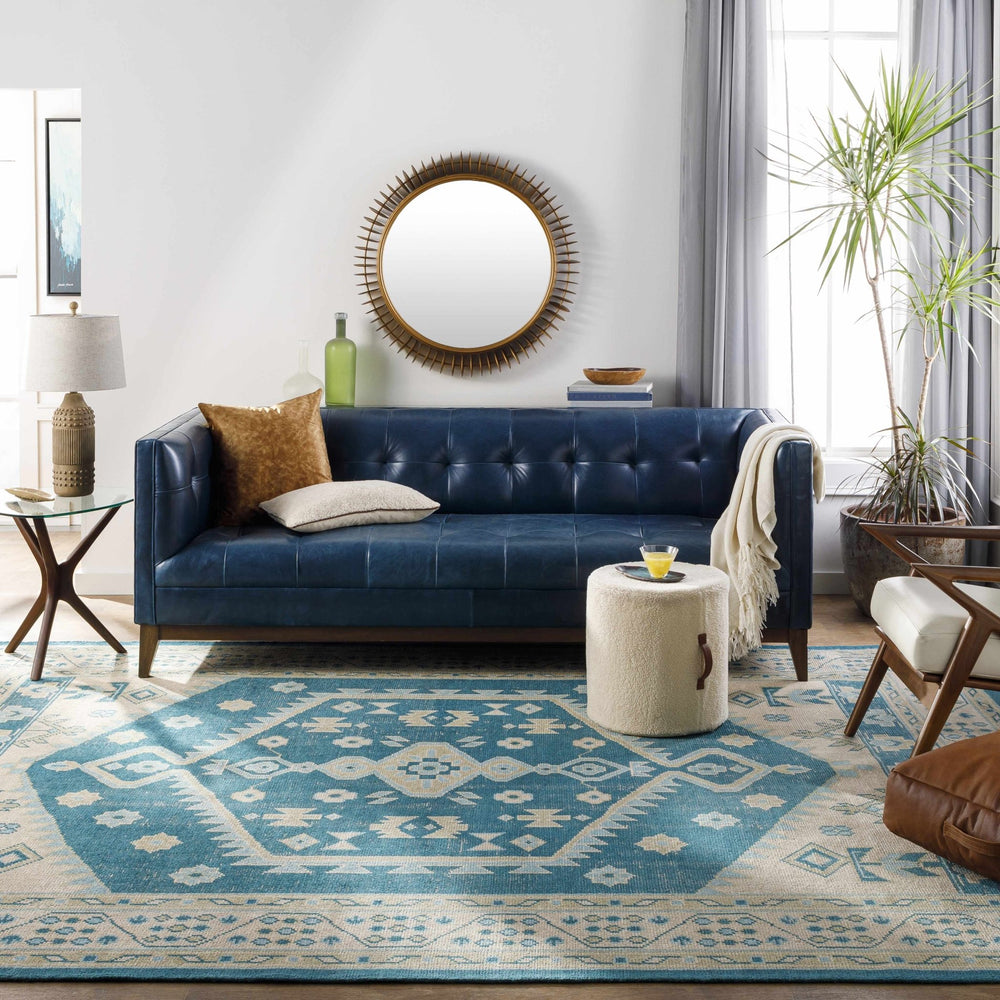 Stepps Traditional Style Beige And Teal Hand Knotted Area Rug - The Rug Decor