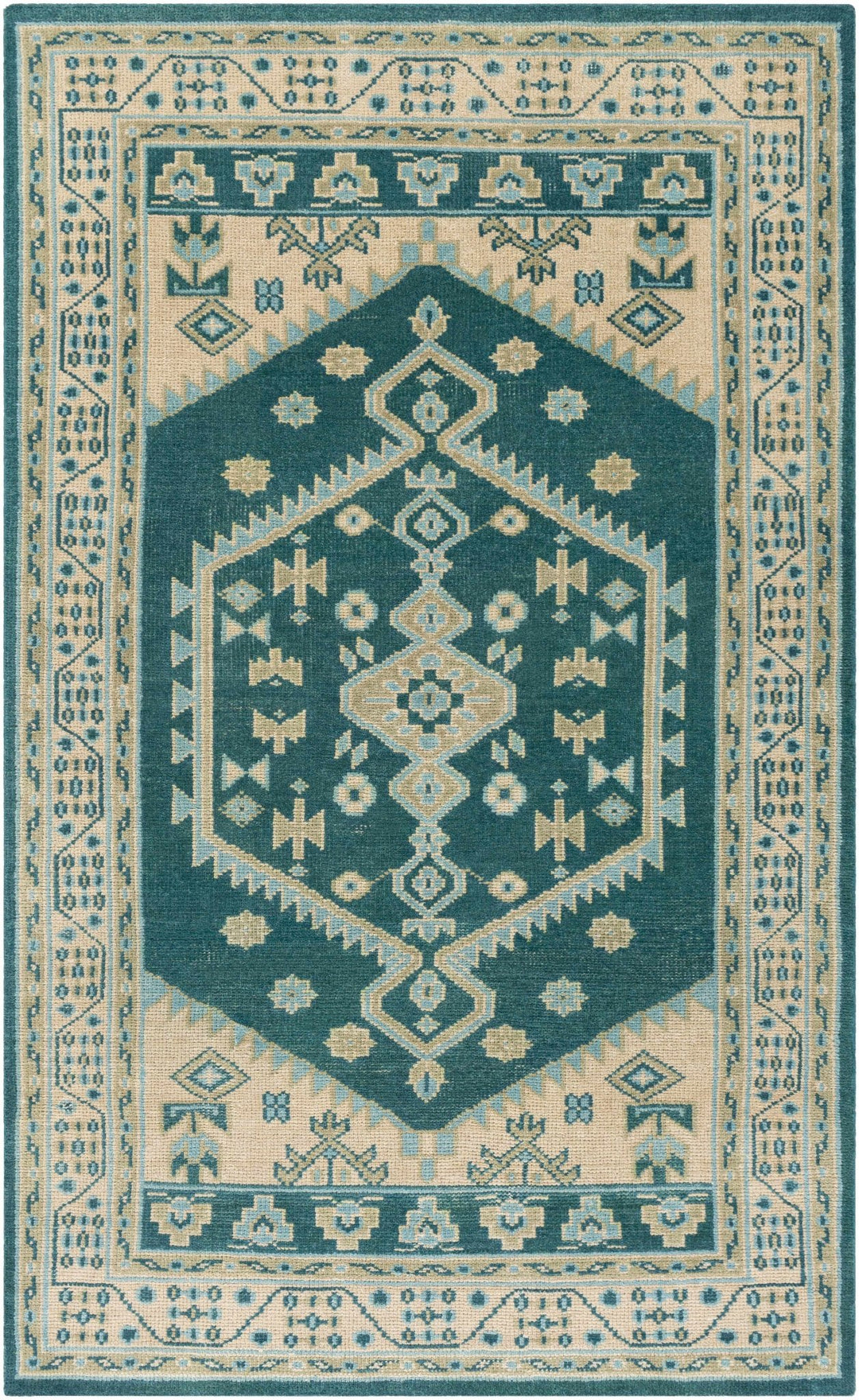Stepps Traditional Style Beige And Teal Hand Knotted Area Rug - The Rug Decor