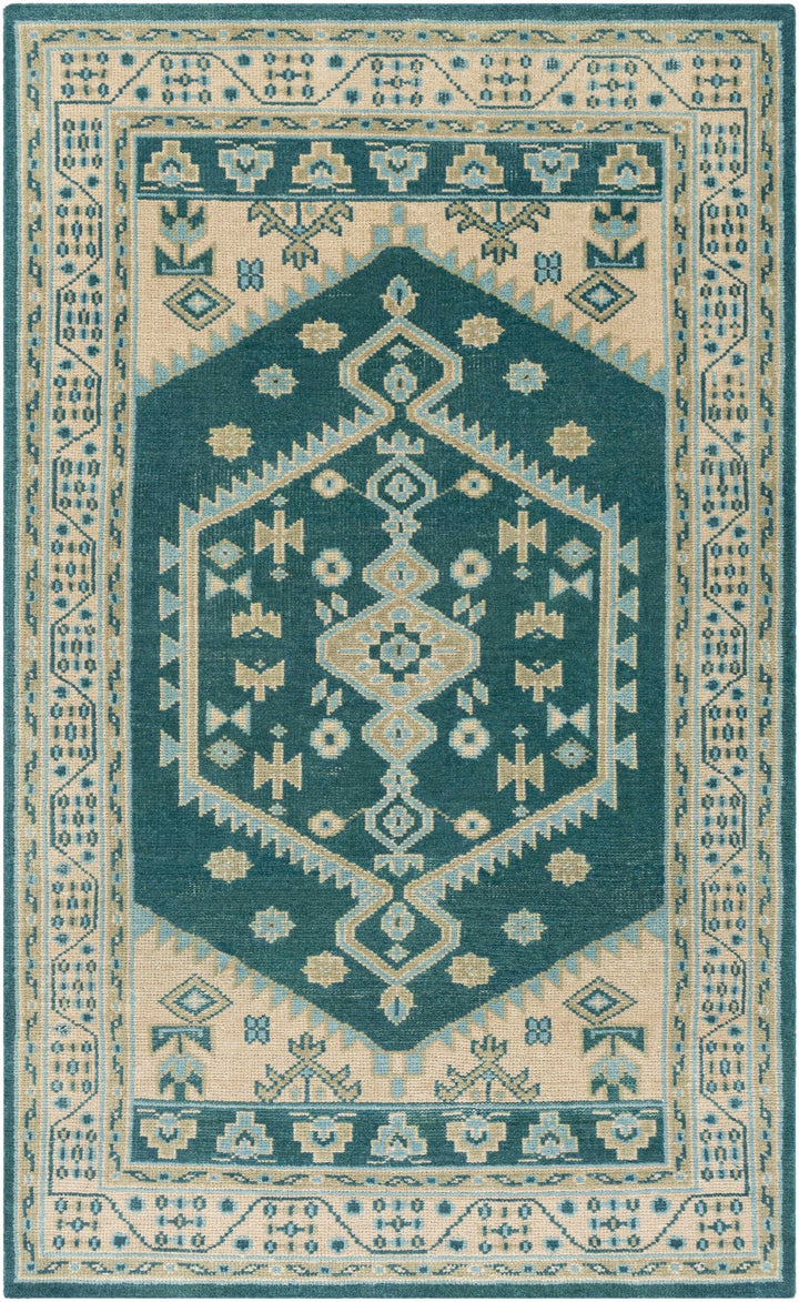 Stepps Traditional Style Beige And Teal Hand Knotted Area Rug - The Rug Decor