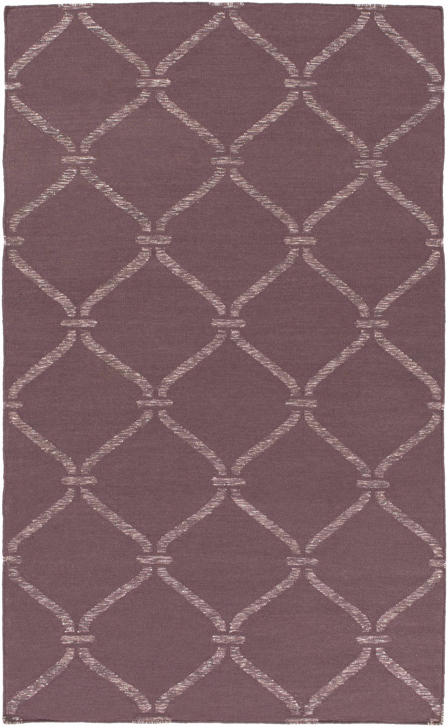 Purple hand-woven wool rug with linked diamond geometric pattern, rectangular