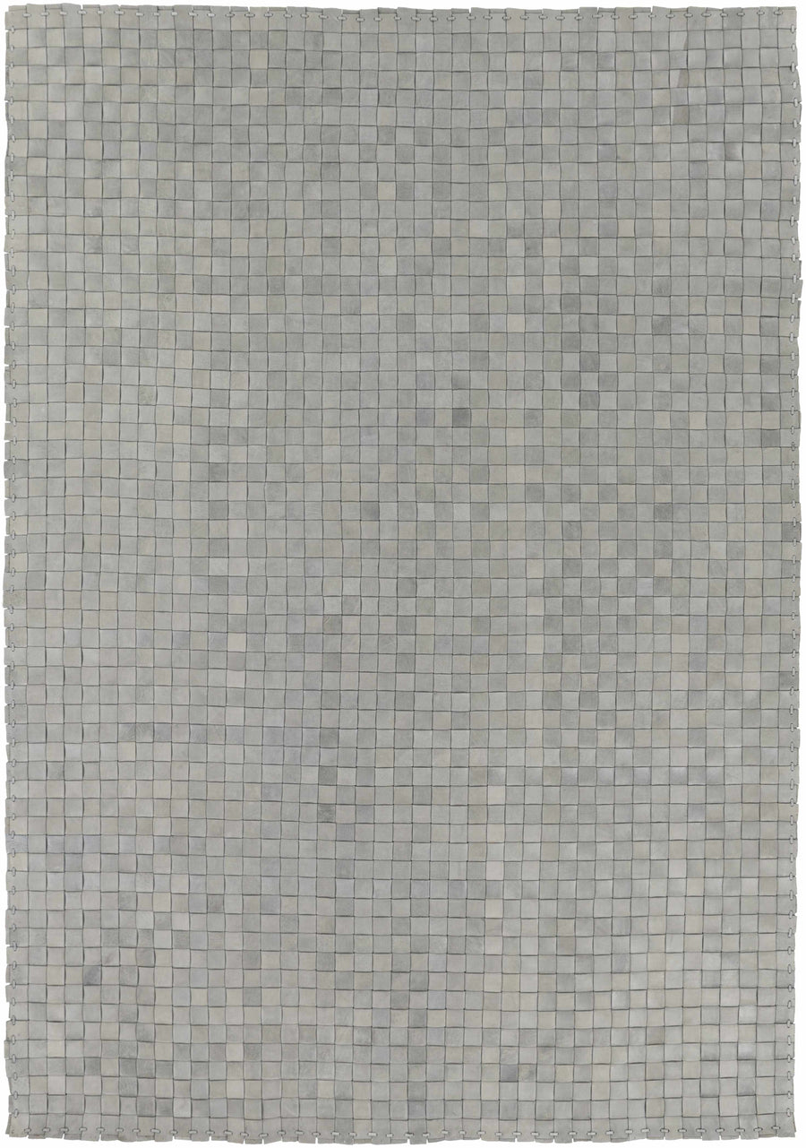 Gray hand-woven area rug with square geometric grid pattern