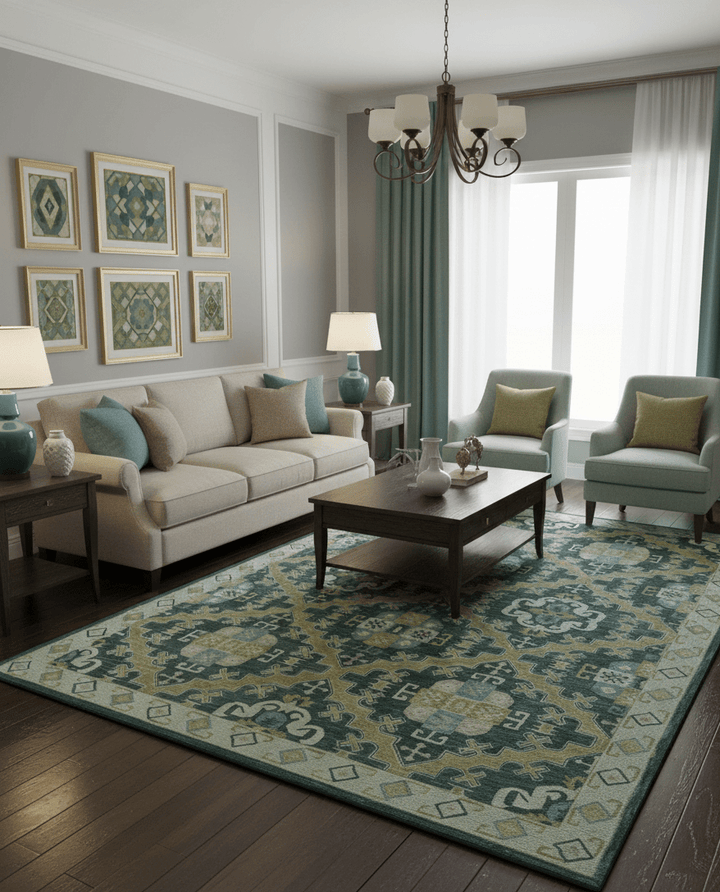 Taj Custom Made Teal Traditional Design Hand Tufted Wool Rug - The Rug Decor