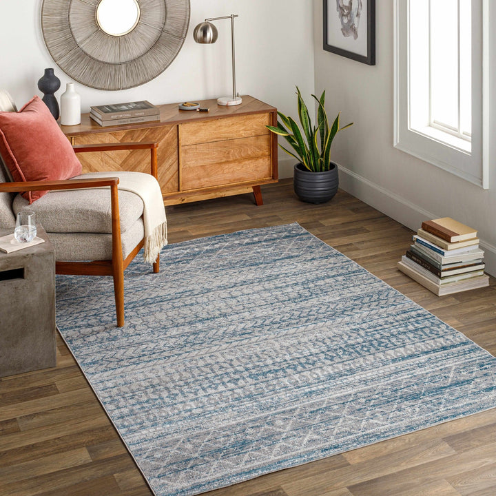 Tambac Bohemian Tribal Pattern Blue And Gray Washable Rug - The Rug Decor