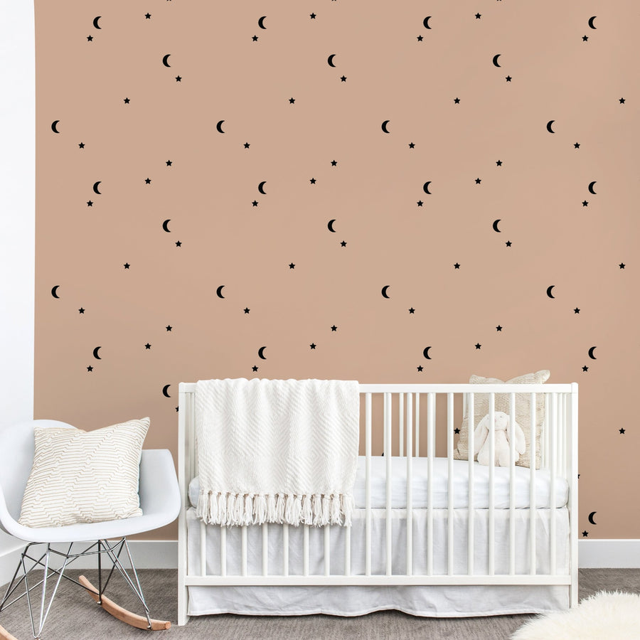 Tan and Black Minimalist moon and star pattern self - adhesive wallpaper - The Rug Decor