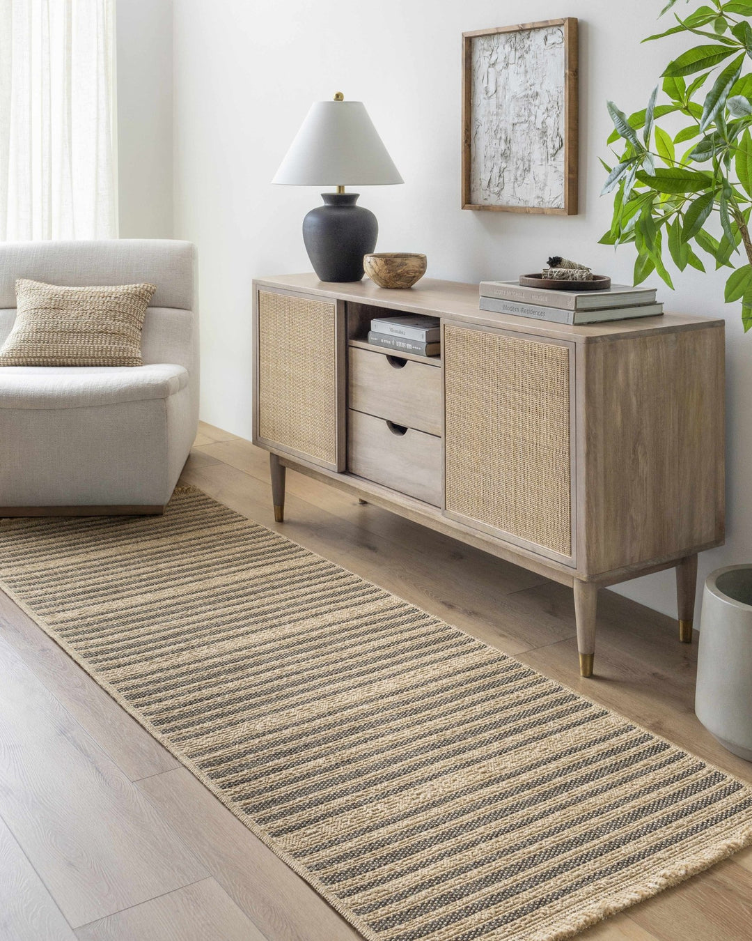 Tan And Gray Stripes Pattern Machine Woven Indoor & Outdoor Rug - The Rug Decor