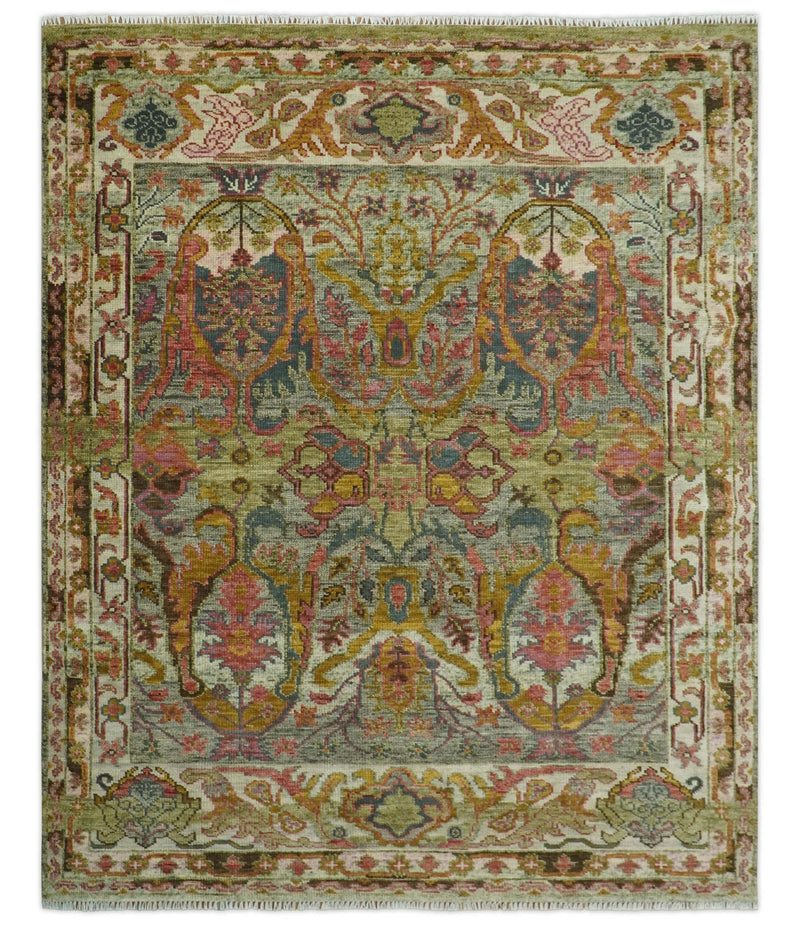 Tansitional Green, Pink, Silver and Gold Hand Knotted 8x10 wool area rug - The Rug Decor