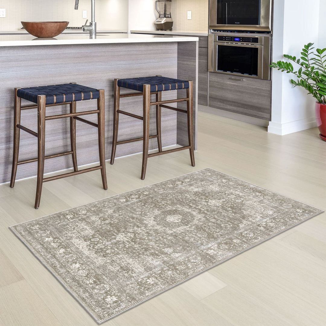 Taupe And Beige Traditional Style Machine Washable Cotton Rug - The Rug Decor