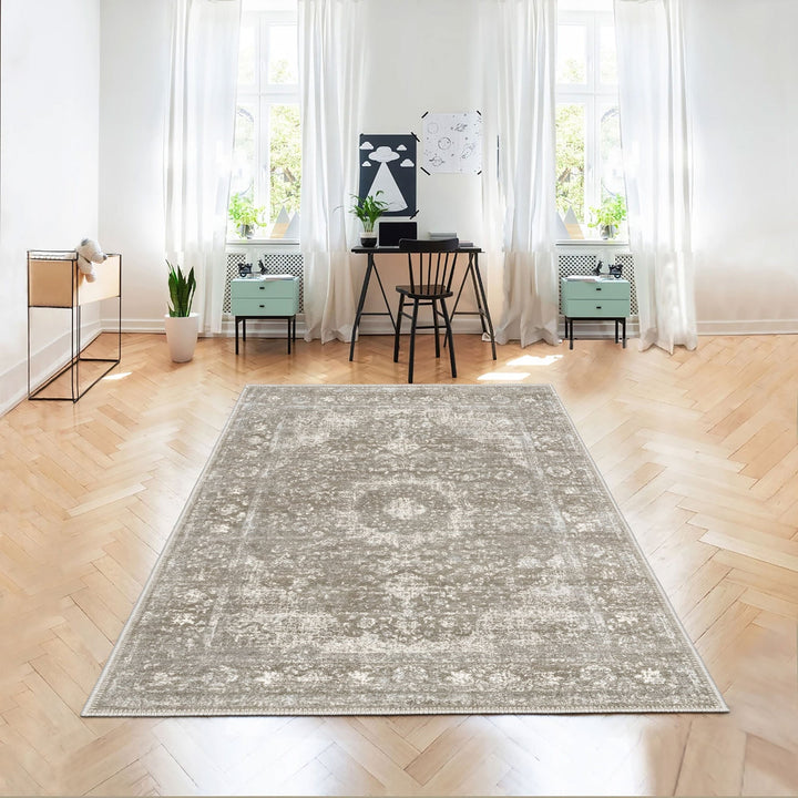Taupe And Beige Traditional Style Machine Washable Cotton Rug - The Rug Decor