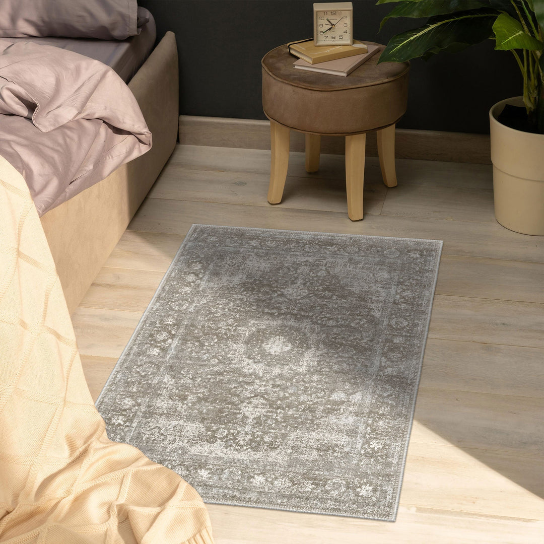 Taupe And Beige Traditional Style Machine Washable Cotton Rug - The Rug Decor