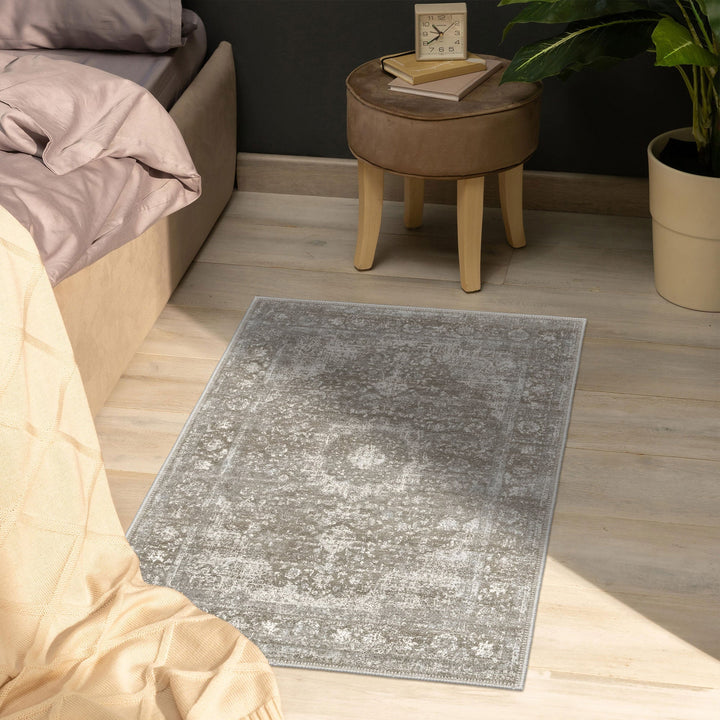 Taupe And Beige Traditional Style Machine Washable Cotton Rug - The Rug Decor