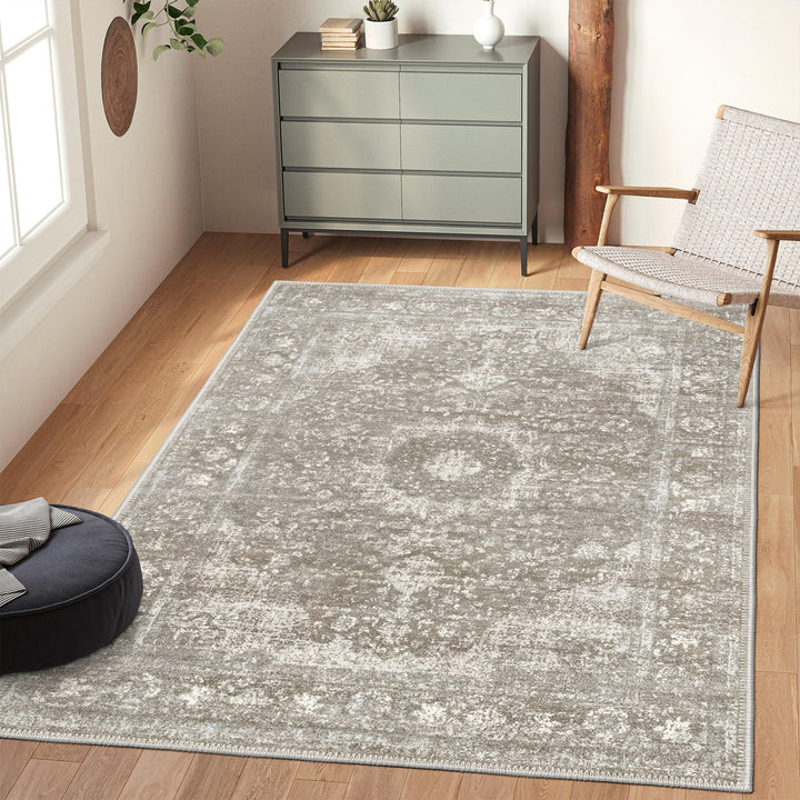 Taupe And Beige Traditional Style Machine Washable Cotton Rug - The Rug Decor