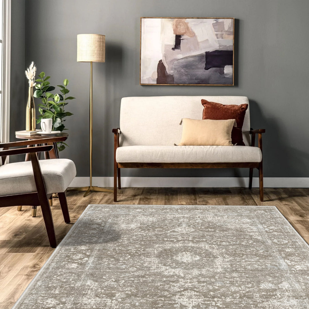 Taupe And Beige Traditional Style Machine Washable Cotton Rug - The Rug Decor