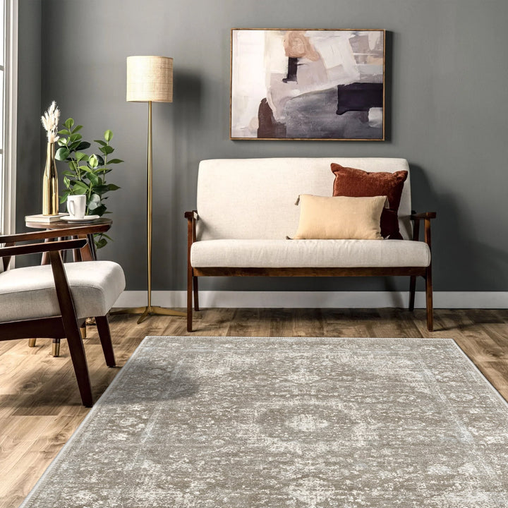 Taupe And Beige Traditional Style Machine Washable Cotton Rug - The Rug Decor