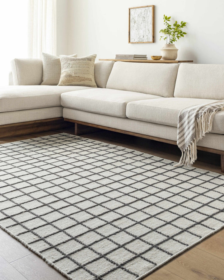 Tauri Modern Checked Pattern Ivory And Charcoal Hand Woven Wool Rug - The Rug Decor