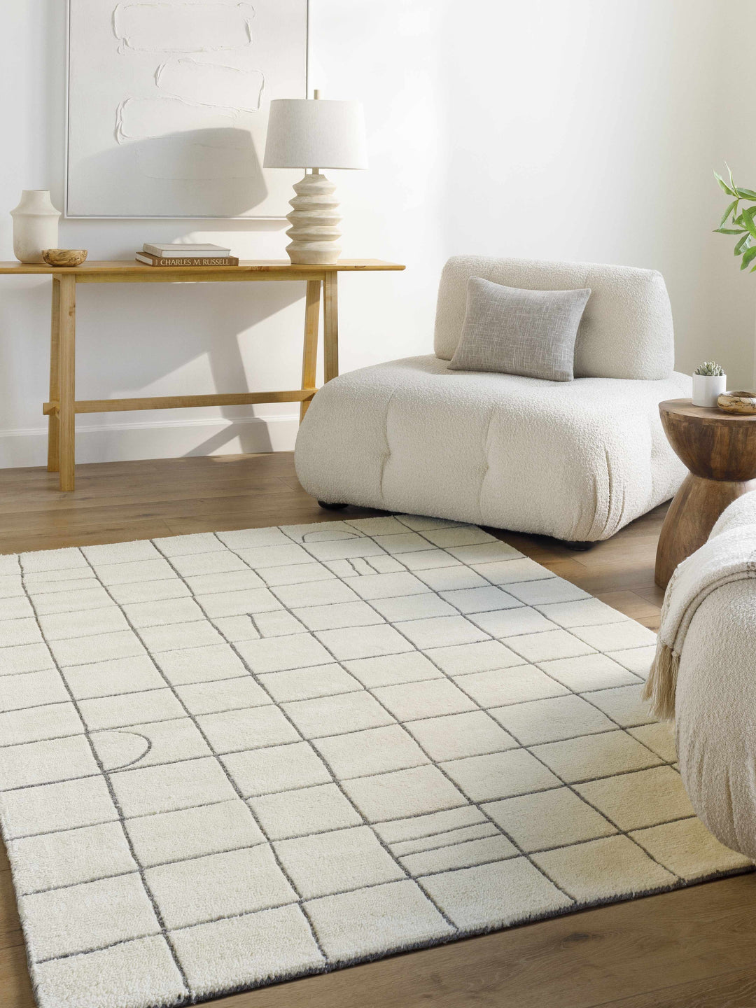 Tanya Modern Grid Pattern Ivory Hand Tufted Wool Rug