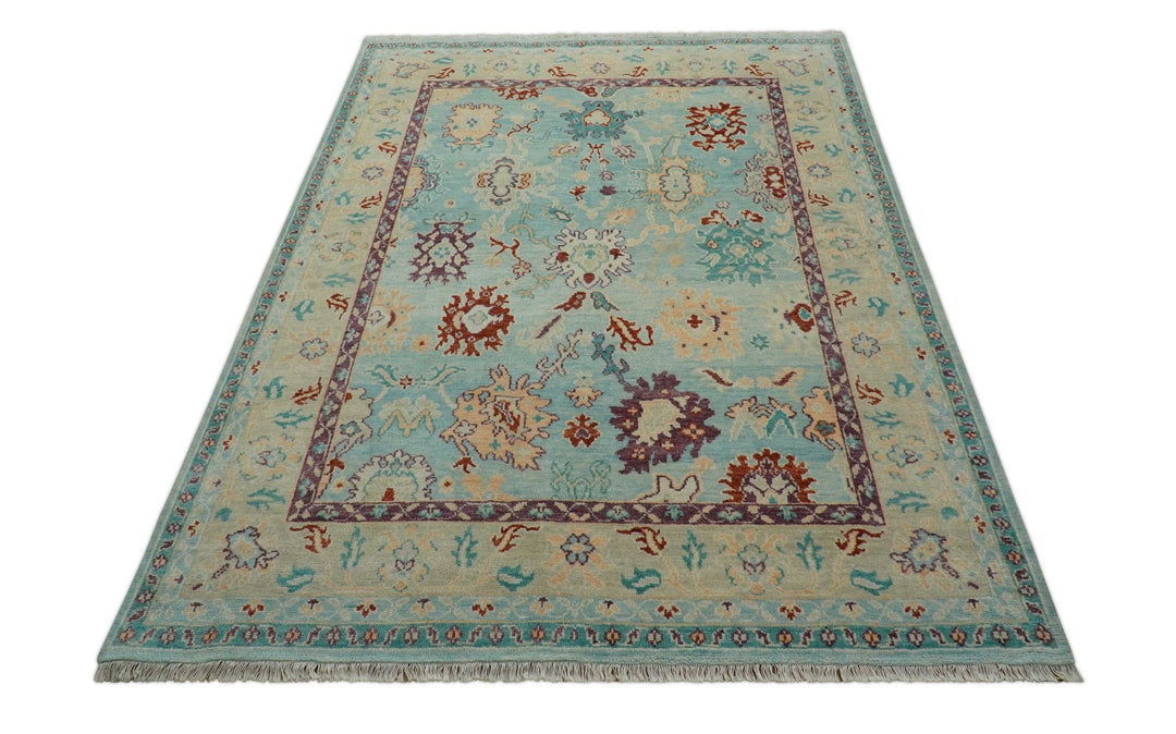 Teal And Beige Traditional Oushak Hand Knotted Wool Area Rug - The Rug Decor