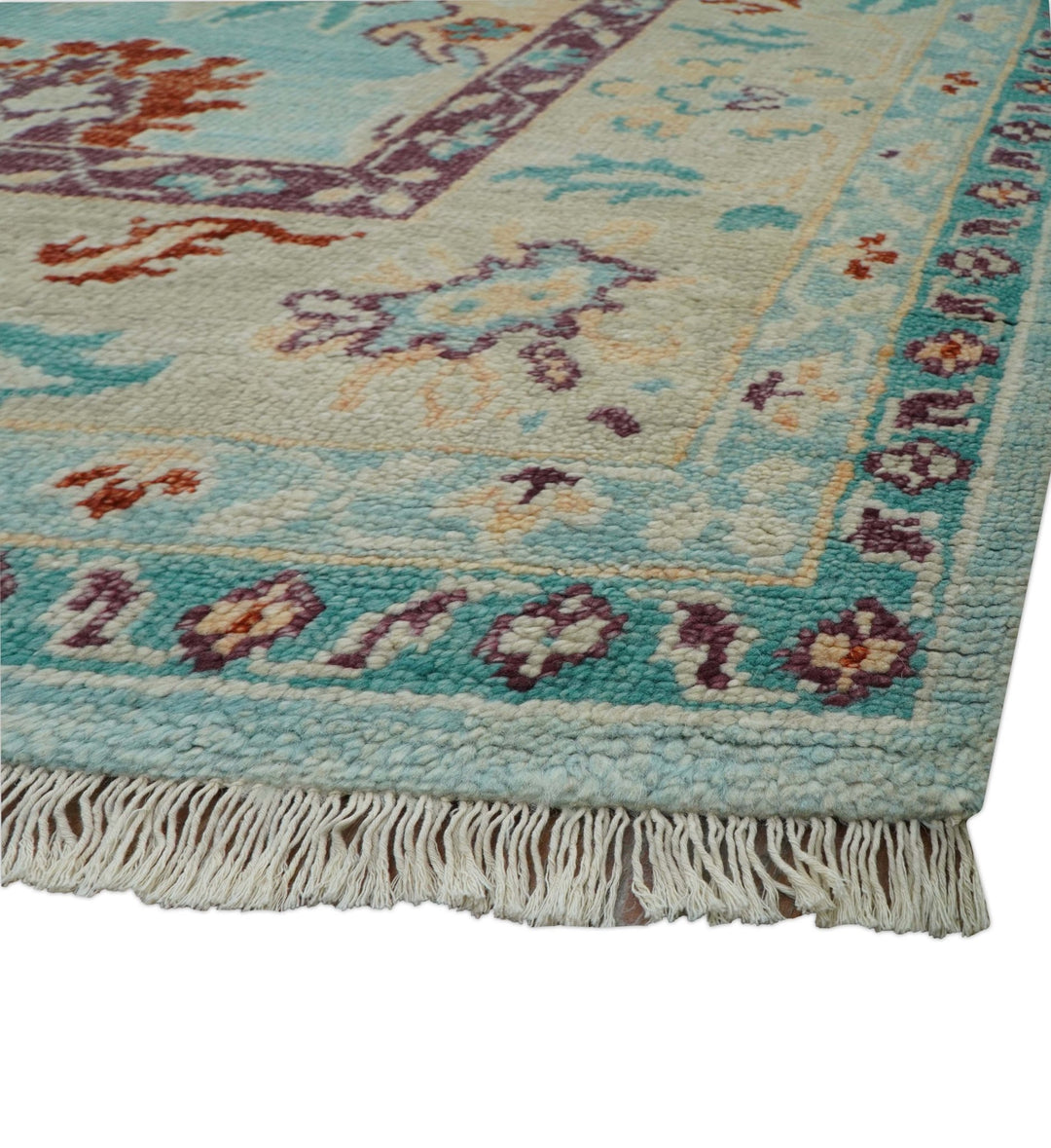Teal And Beige Traditional Oushak Hand Knotted Wool Area Rug - The Rug Decor