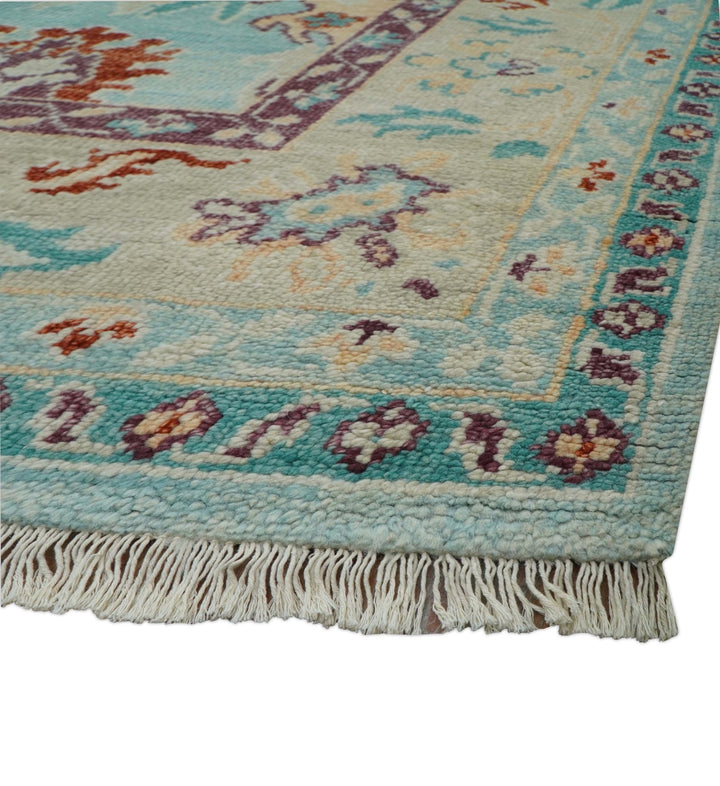 Teal And Beige Traditional Oushak Hand Knotted Wool Area Rug - The Rug Decor