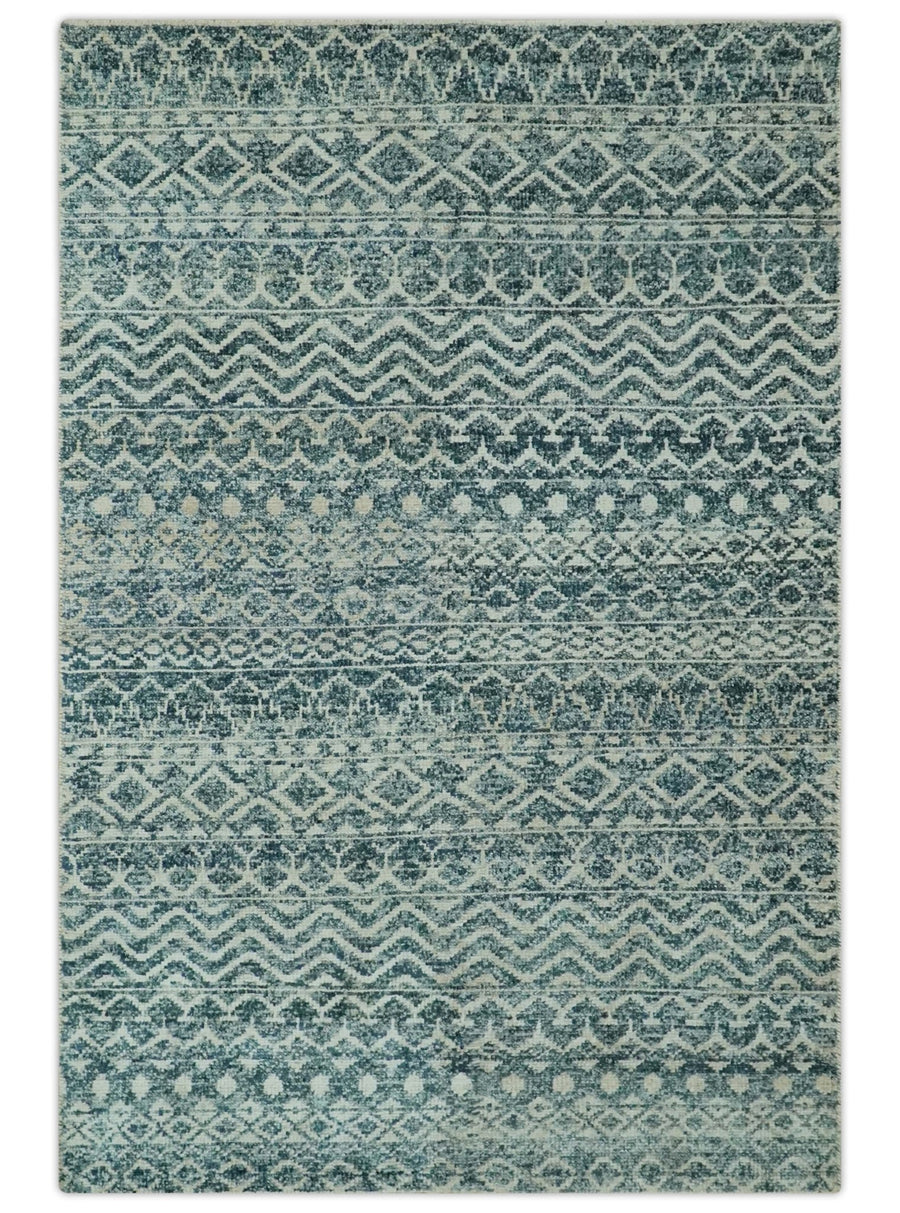 Teal and Ivory 5.6x8.6 Southwestern Tribal Trellis Recycled Art Silk Area Rug - The Rug Decor