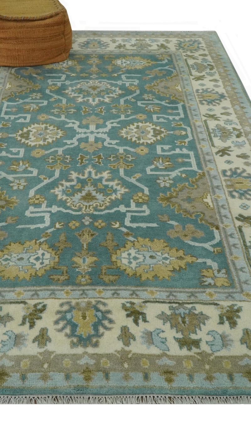 Teal and Ivory 6x9 Hand Knotted Oriental Oushak wool rug - The Rug Decor