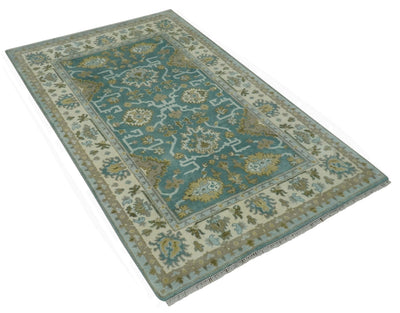 Teal and Ivory 6x9 Hand Knotted Oriental Oushak wool rug - The Rug Decor