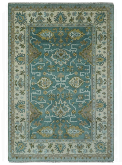 Teal and Ivory 6x9 Hand Knotted Oriental Oushak wool rug - The Rug Decor