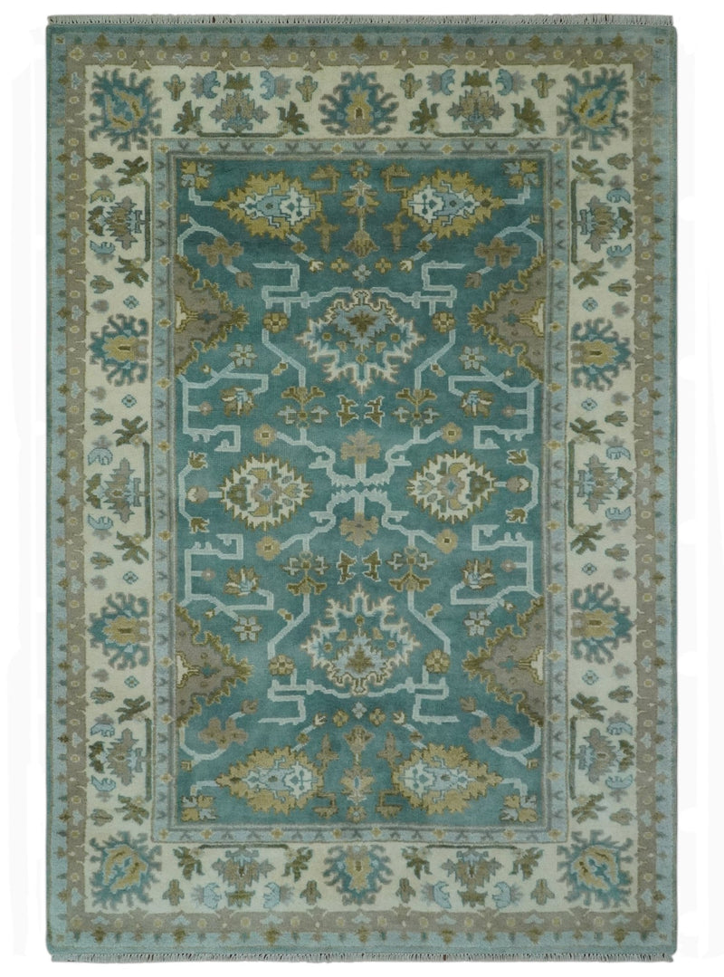 Teal and Ivory 6x9 Hand Knotted Oriental Oushak wool rug - The Rug Decor