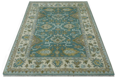 Teal and Ivory 6x9 Hand Knotted Oriental Oushak wool rug - The Rug Decor