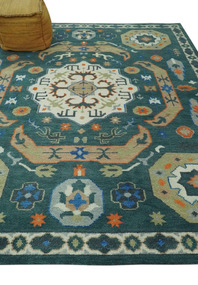 Teal and Ivory 8x10 Hand Knotted Traditional Mamluk Design wool Rug - The Rug Decor