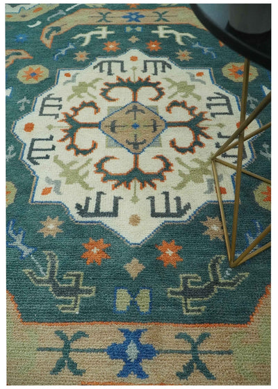 Teal and Ivory 8x10 Hand Knotted Traditional Mamluk Design wool Rug - The Rug Decor