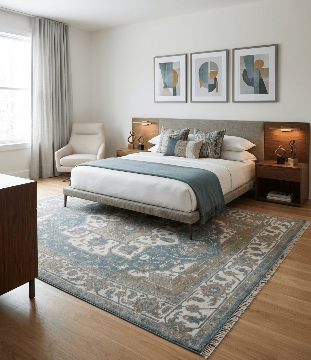 Teal And Ivory Hand Knotted Traditional Heriz Wool Area Rug - The Rug Decor
