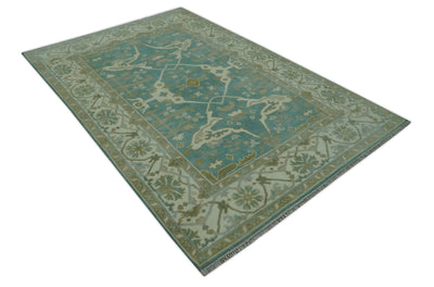 Teal and Ivory Hand Knotted Traditional Oriental Oushak 6x9 wool rug - The Rug Decor