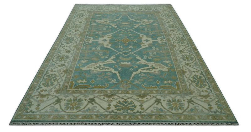 Teal and Ivory Hand Knotted Traditional Oriental Oushak 6x9 wool rug - The Rug Decor