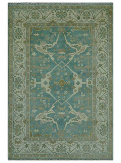 Teal and Ivory Hand Knotted Traditional Oriental Oushak 6x9 wool rug - The Rug Decor