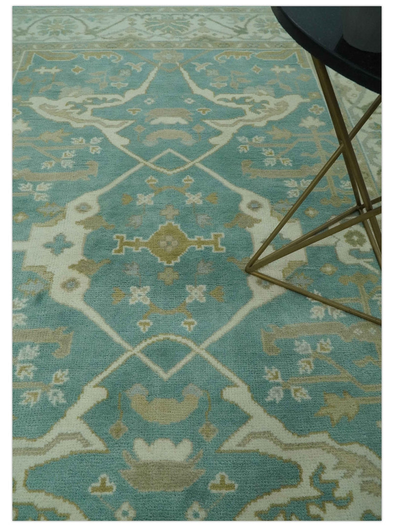 Teal and Ivory Hand Knotted Traditional Oriental Oushak 6x9 wool rug - The Rug Decor