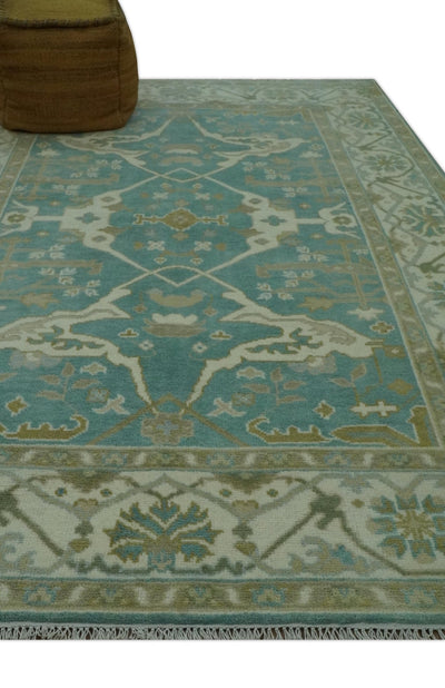 Teal and Ivory Hand Knotted Traditional Oriental Oushak 6x9 wool rug - The Rug Decor