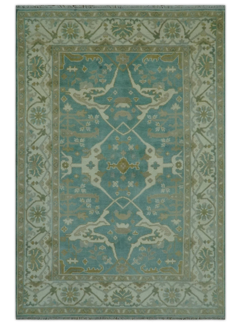 Teal and Ivory Hand Knotted Traditional Oriental Oushak Custom Made wool rug - The Rug Decor