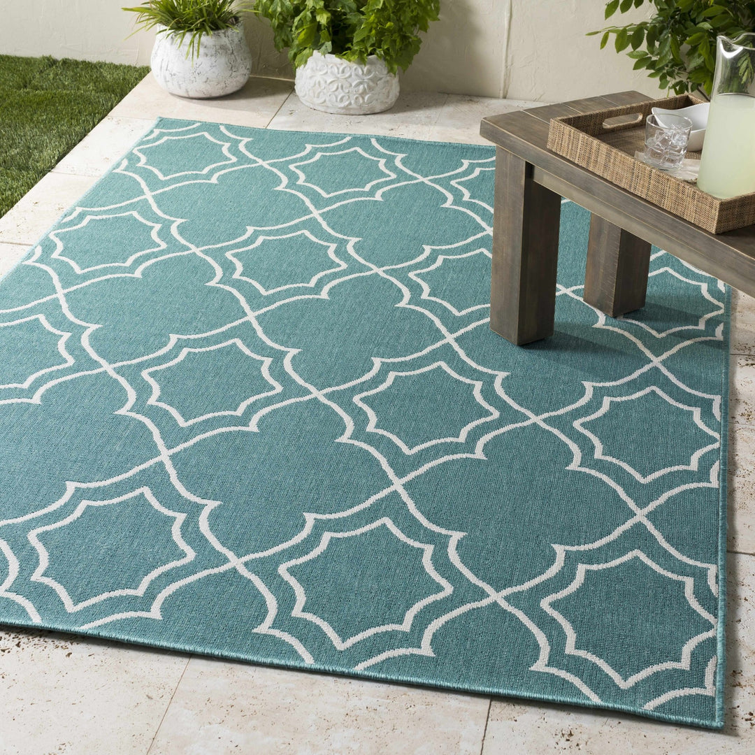 Teal and Ivory Modern contemporary Geometrical Multi Size indoor and outdoor Area Rug - The Rug Decor