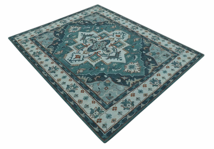 Teal and Silver Traditional Heriz Floral Hand Knotted Multi Size wool Area Rug - The Rug Decor