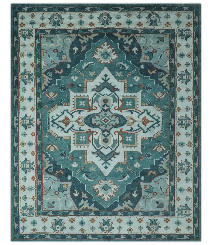 Teal and Silver Traditional Heriz Floral Hand Knotted Multi Size wool Area Rug - The Rug Decor