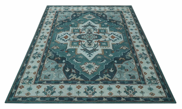 Teal and Silver Traditional Heriz Floral Hand Knotted Multi Size wool Area Rug - The Rug Decor