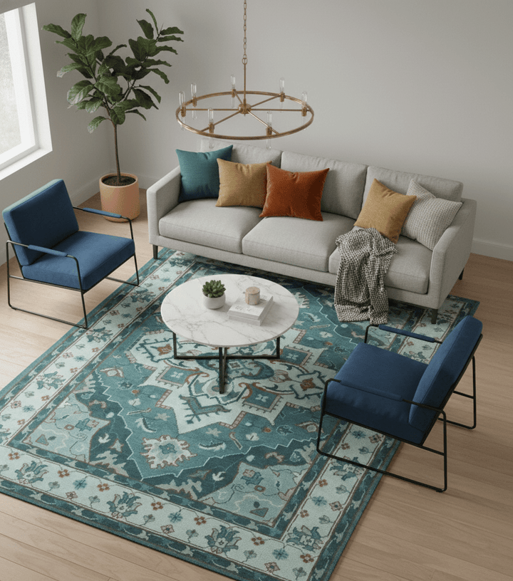 Teal and Silver Traditional Heriz Floral Hand Knotted Multi Size wool Area Rug - The Rug Decor