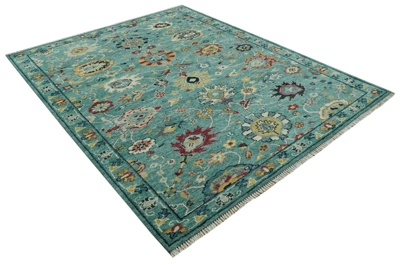 Teal And Yellow Modern Oushak Style Hand Knotted Custom Made Wool Rug - The Rug Decor