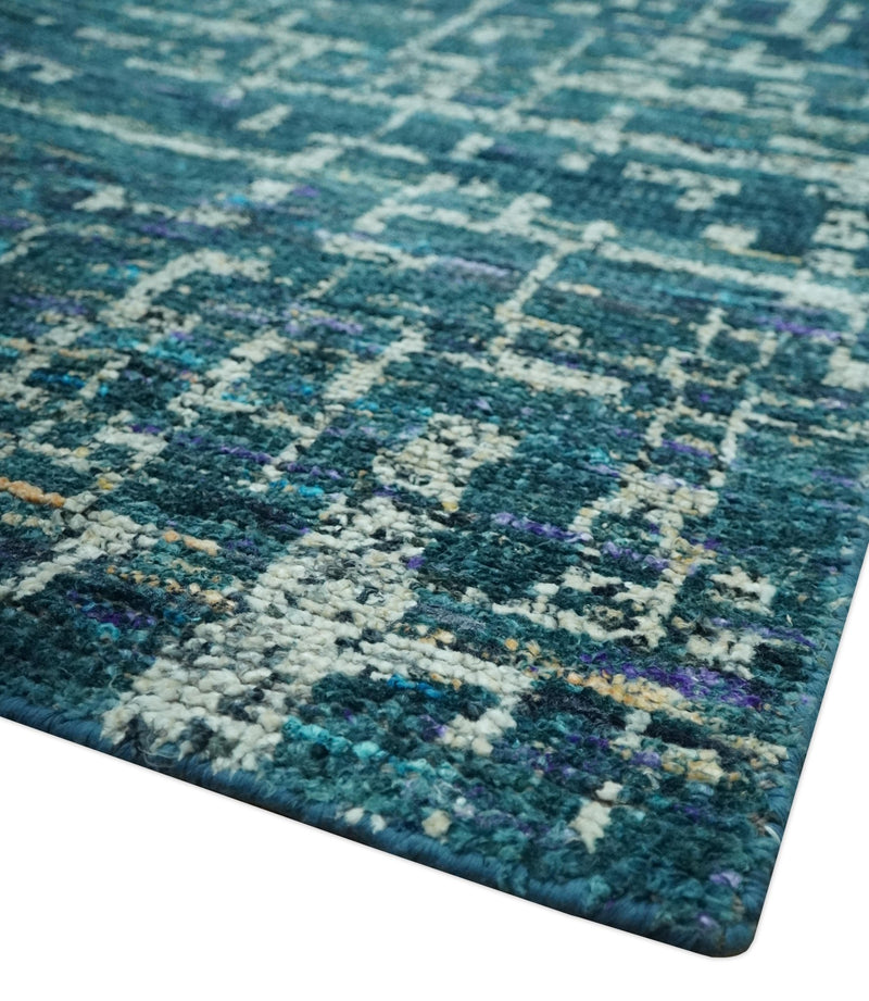 Teal, Blue and Silver 5x8 Hand Knotted Modern Abstract Art Silk Area Rug - The Rug Decor