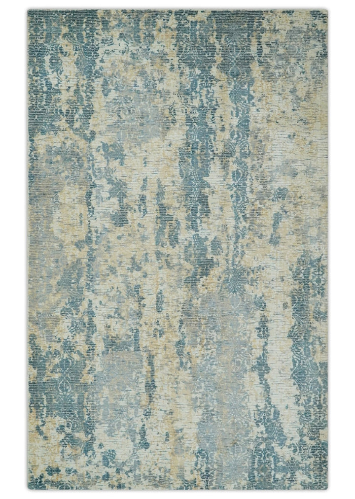 Teal, Gold and Ivory Modern Abstract 5x8 Hand loom wool and Viscose Area Rug - The Rug Decor