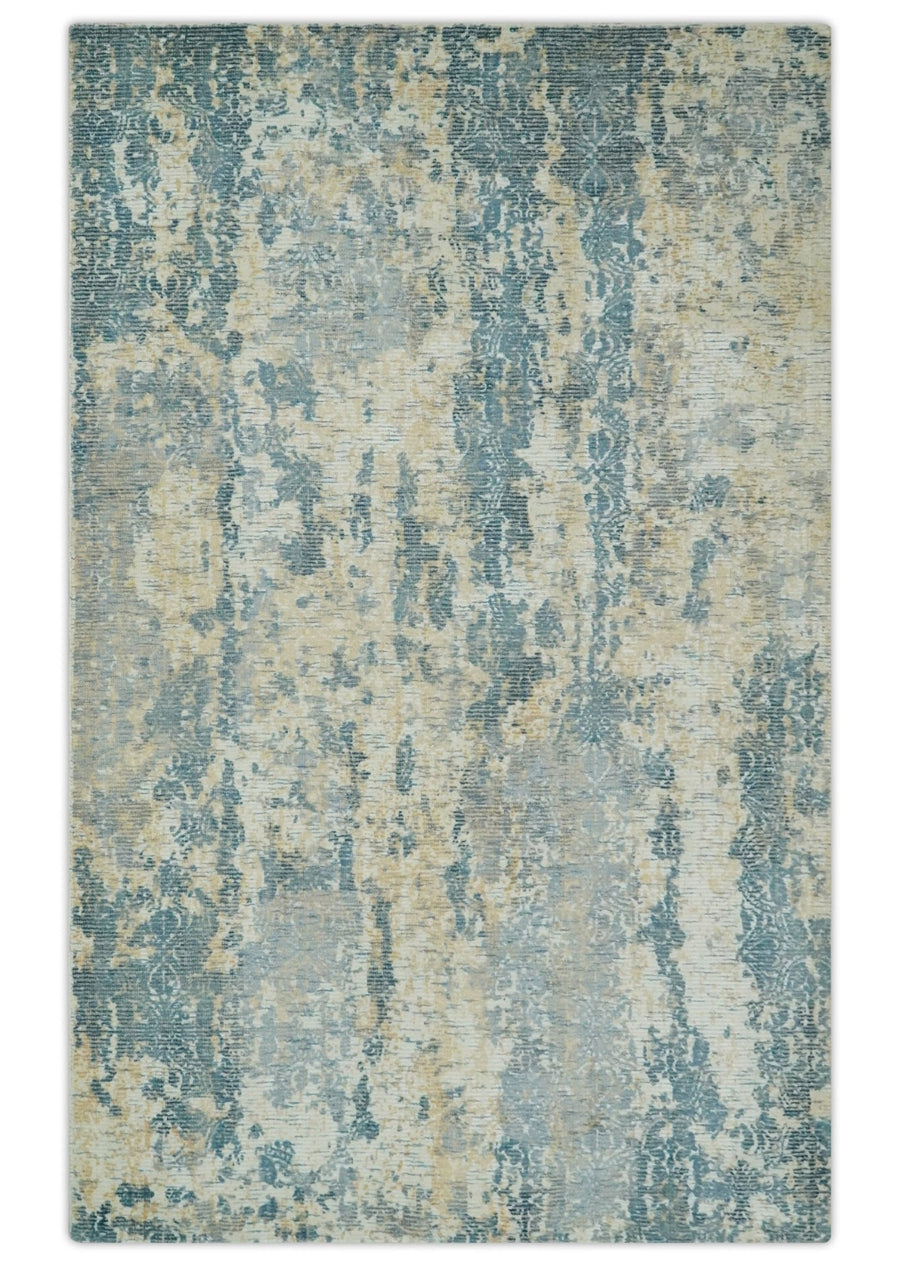 Teal, Gold and Ivory Modern Abstract 5x8 Hand loom wool and Viscose Area Rug - The Rug Decor