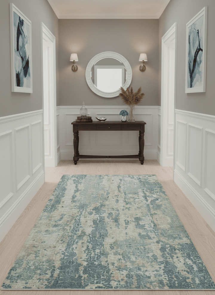 Teal, Gold and Ivory Modern Abstract 5x8 Hand loom wool and Viscose Area Rug - The Rug Decor