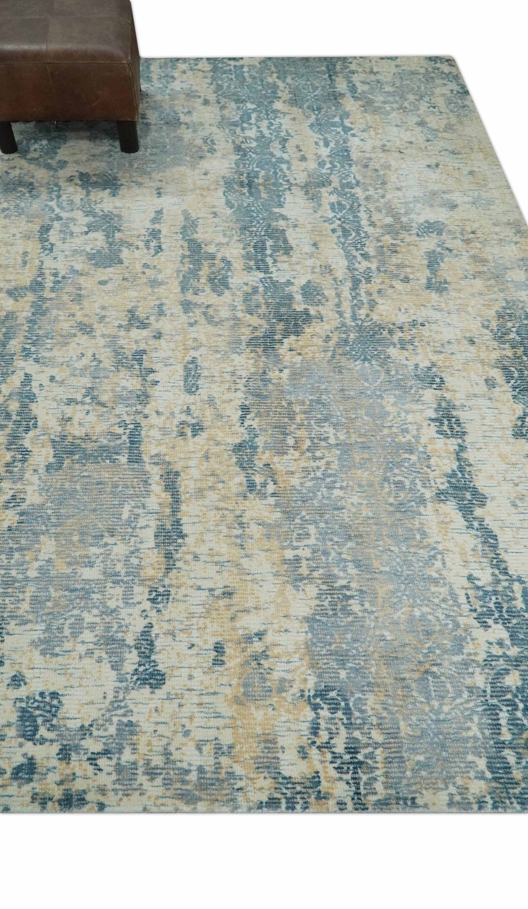 Teal, Gold and Ivory Modern Abstract 5x8 Hand loom wool and Viscose Area Rug - The Rug Decor