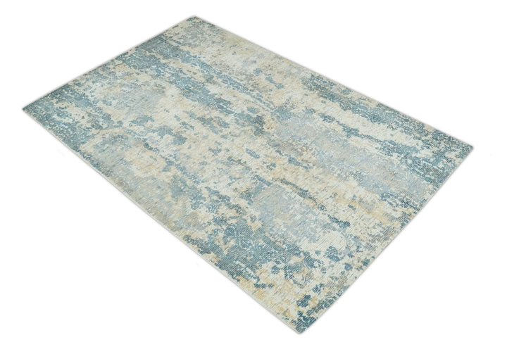 Teal, Gold and Ivory Modern Abstract 5x8 Hand loom wool and Viscose Area Rug - The Rug Decor